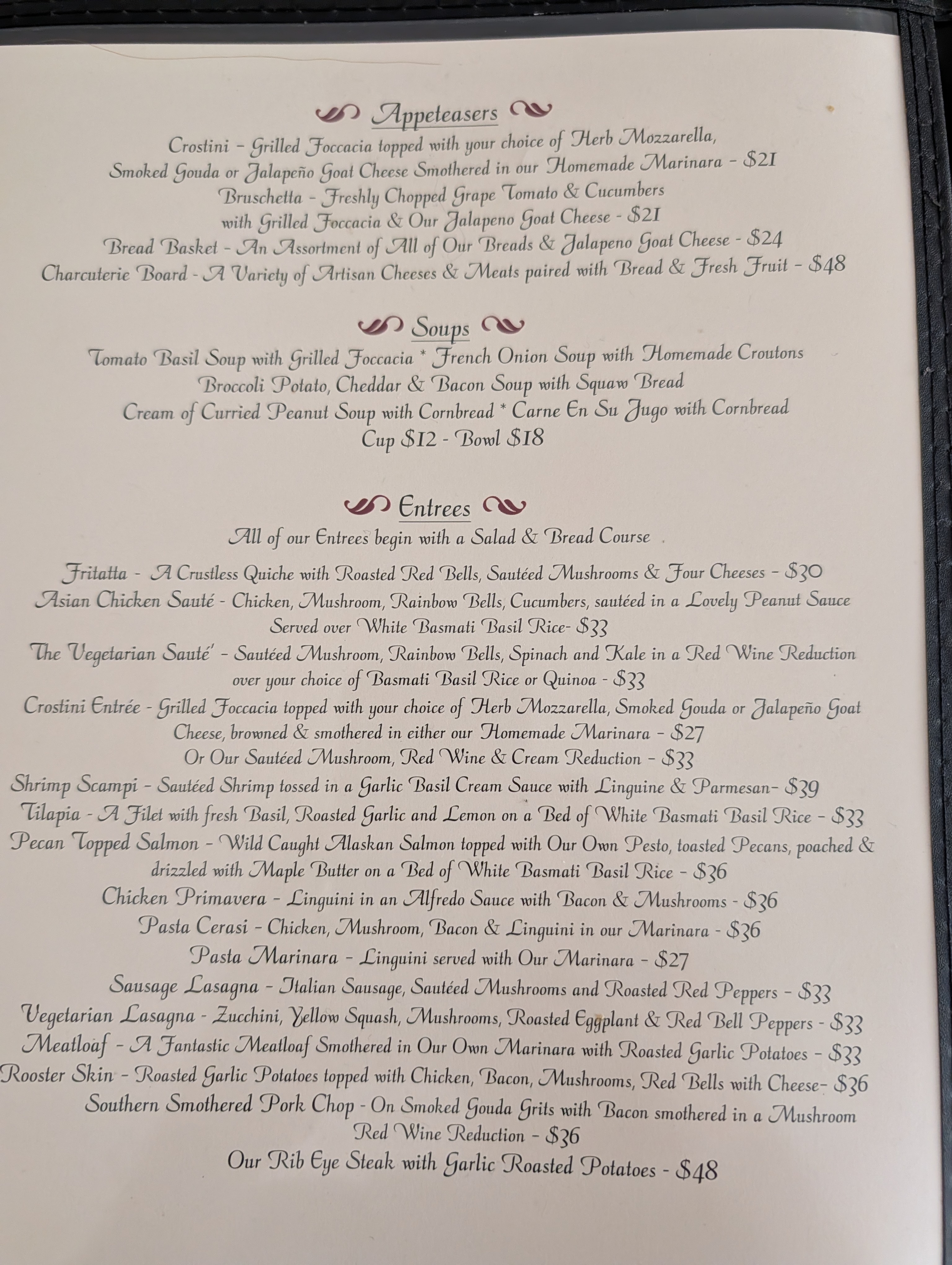 Menu Page 1 - Appeteasers and Entrees